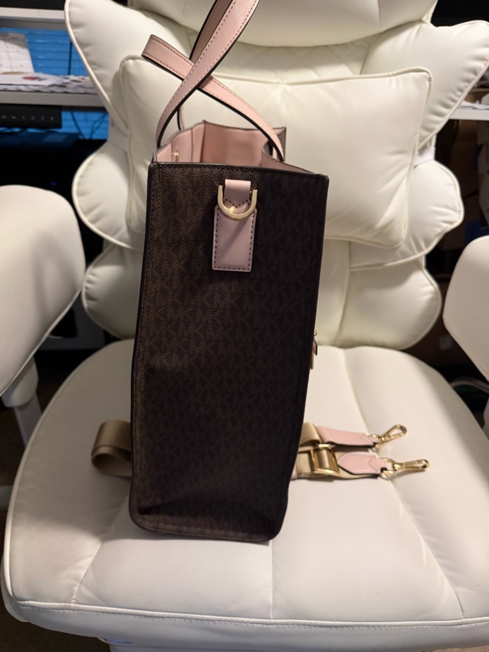 Michael Kors Brown Logo Tote with Pink Trim and Beige Strap - Picture 3 of 7